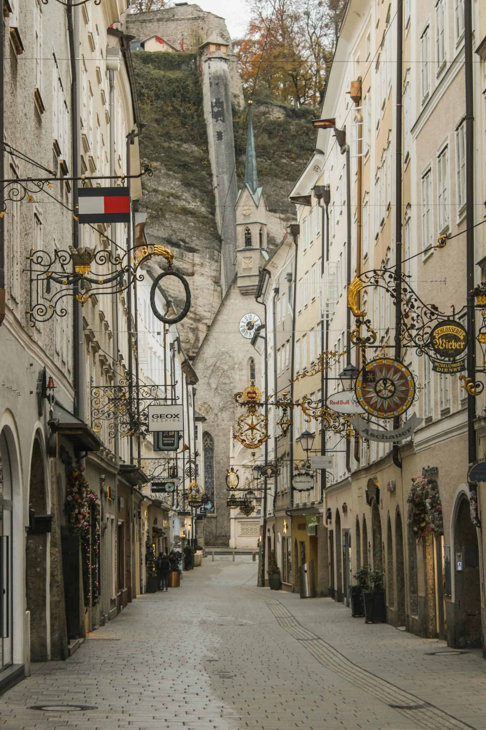 Picturesque view of a historical street in Salzburg, Austria, showcasing stunning architecture.