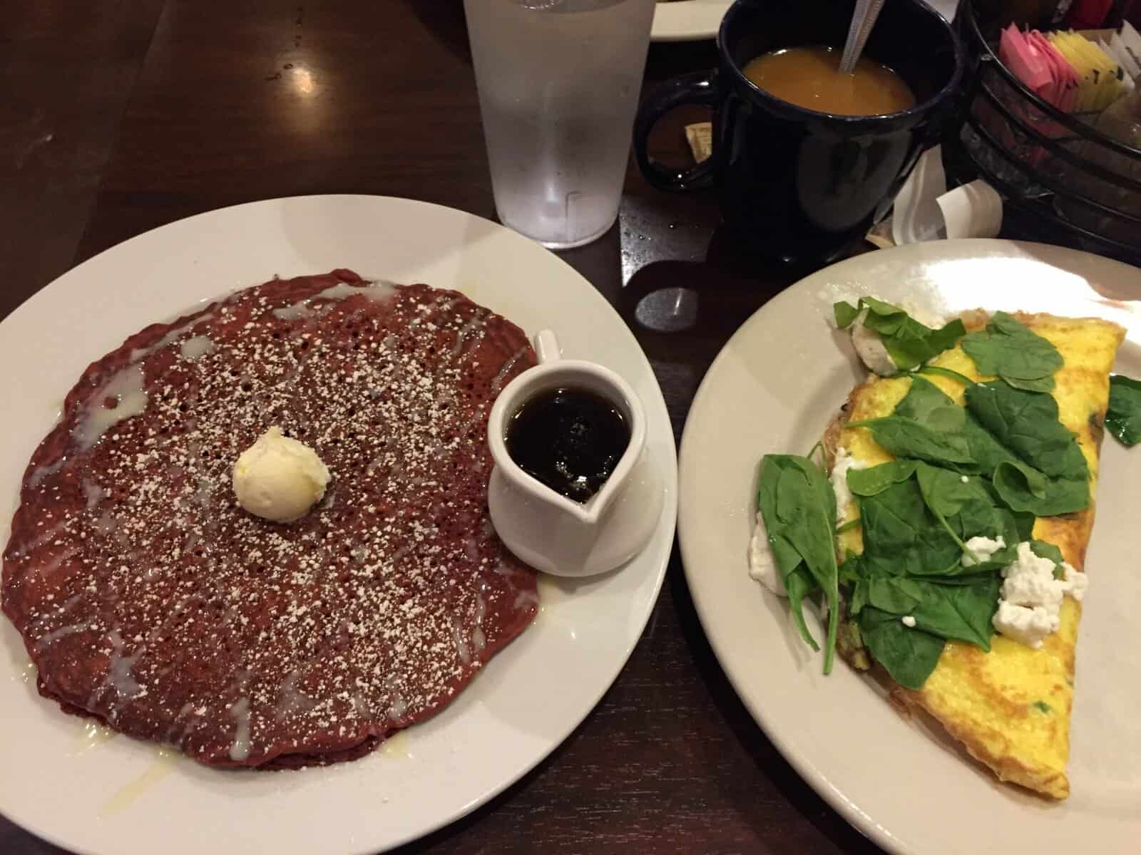 red velvet pancake and omlete from eggct kansas city