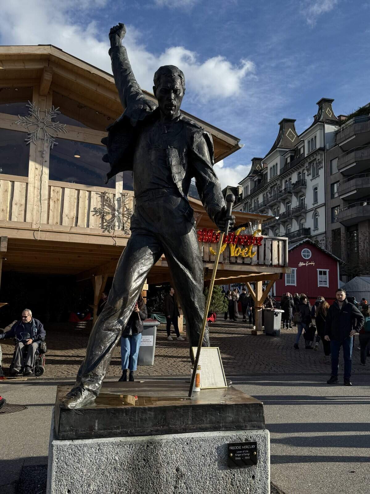 Statue of Freddie Mercury in Montreux along the shore of Lake Geneva