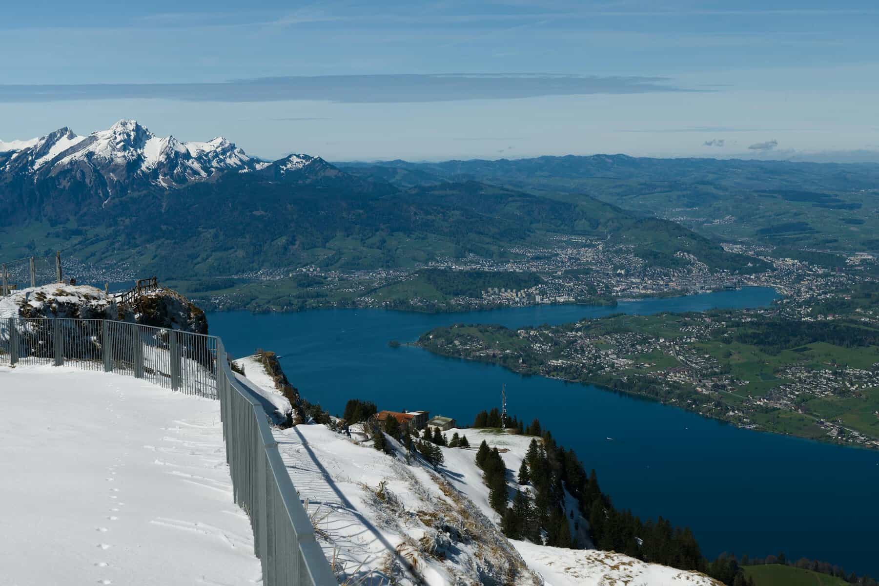 Picturesque view from Mount Rigi overlooking Lake Lucerne and the Swiss Alps.