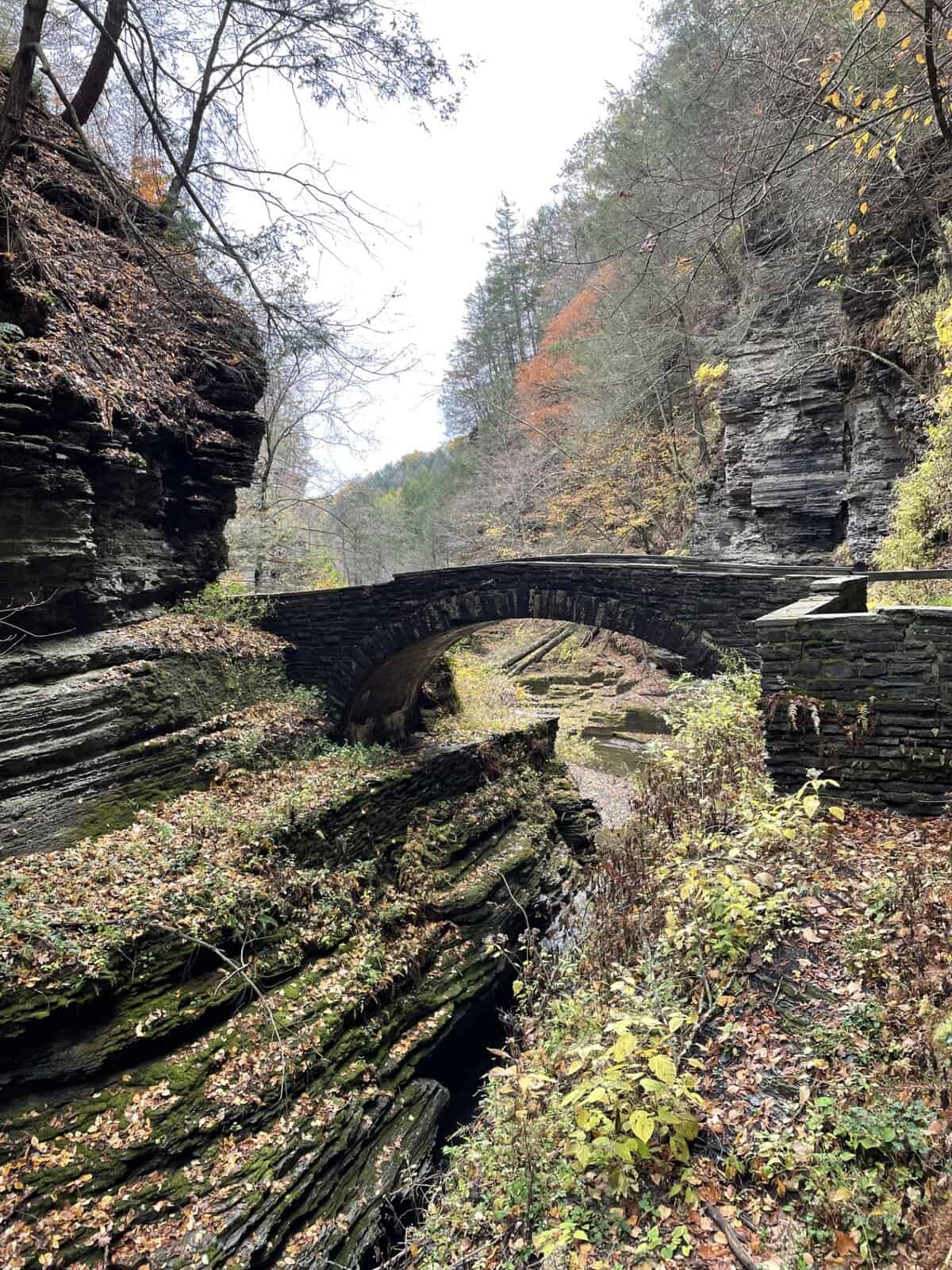 Stone footbridge along the gorge trail at Robert H. Treman State Park in Ithaca, NY surrounded by fall foliage and layered rock walls