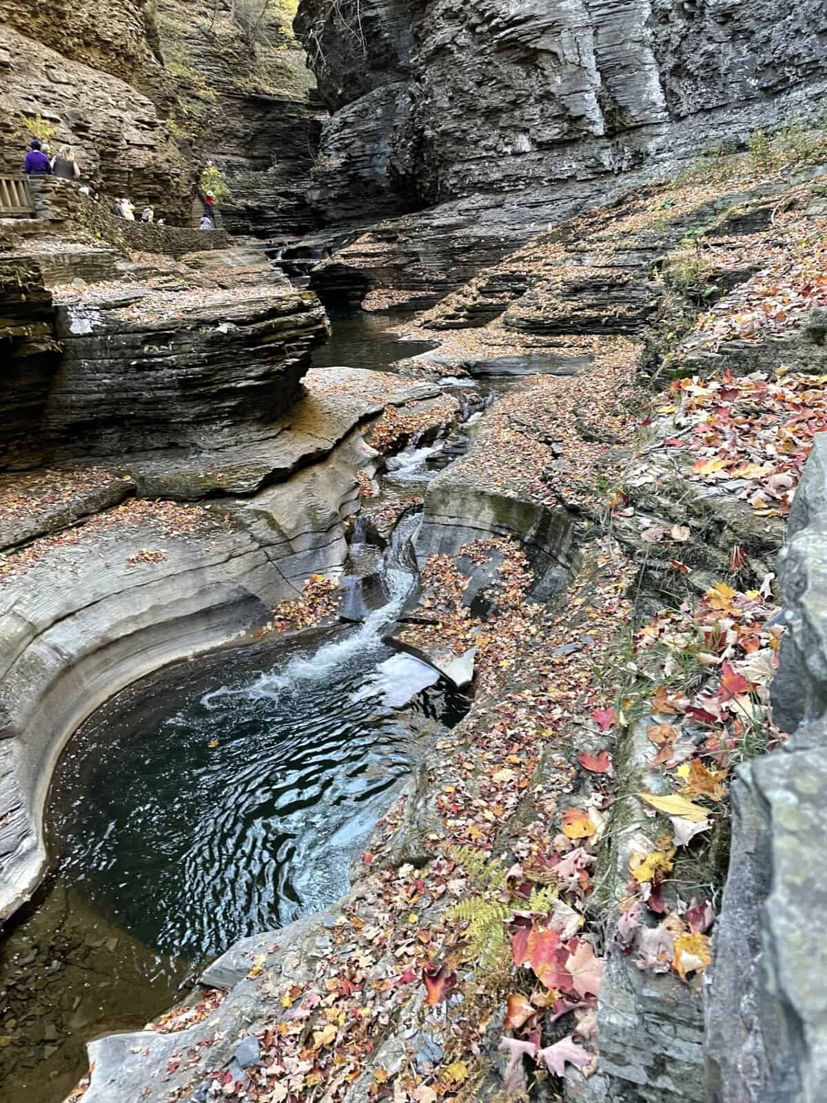 Rock carved pools and narrow stream along the Gorge Trail at Watkins Glen State Park in New York with fallen autumn leaves