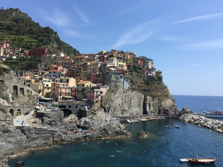 Manarola Cinque Terre with colorful houses stacked on cliffs above the turquoise Ligurian Sea