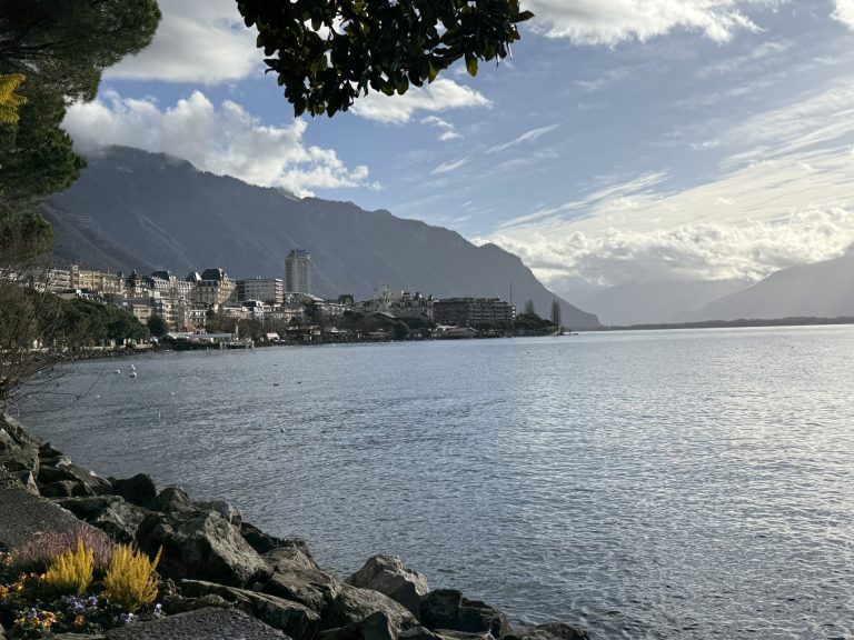 Lake Geneva shoreline in Montreux with Christmas market lights and mountains in the distance