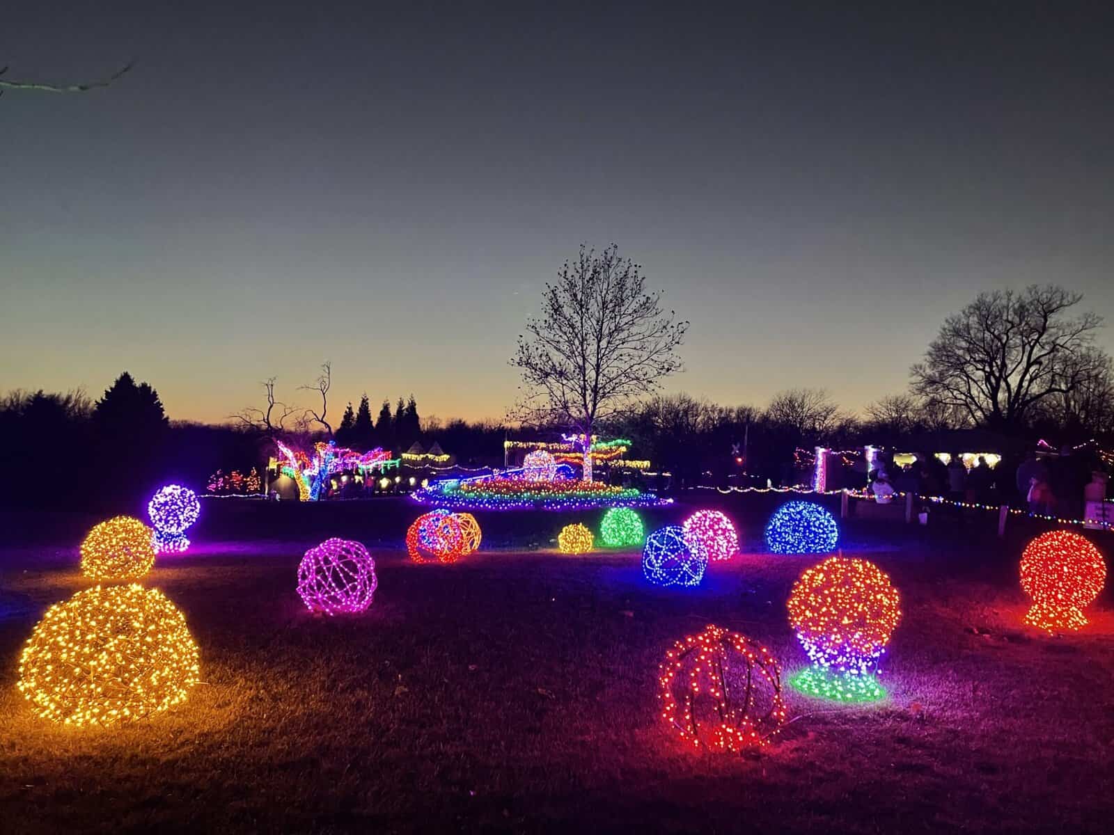 Glowing light spheres and garden displays at Powell Gardens Festival of Lights near Kansas City at sunset