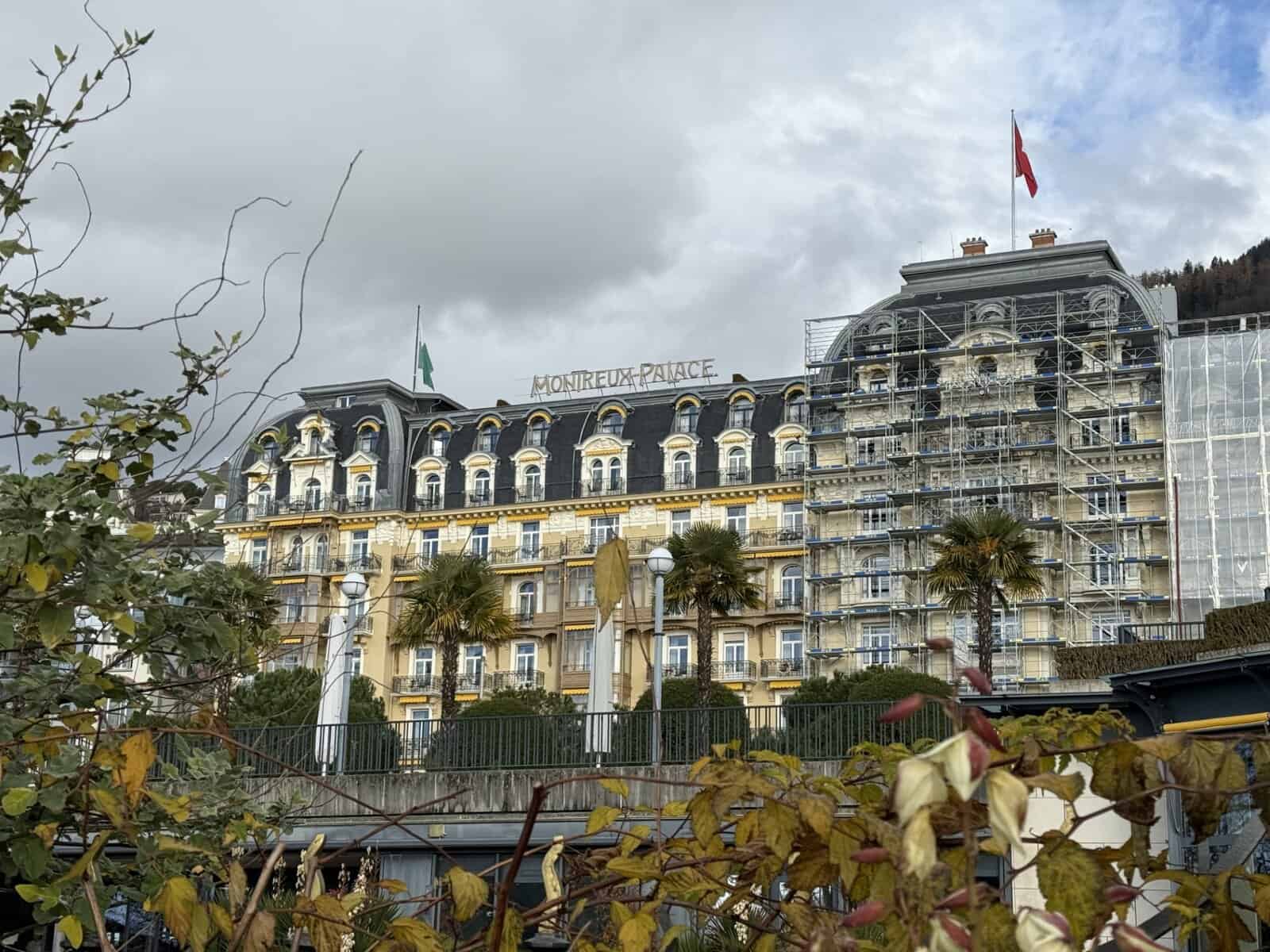 Fairmont Le Montreux Palace hotel overlooking Lake Geneva during the Christmas season