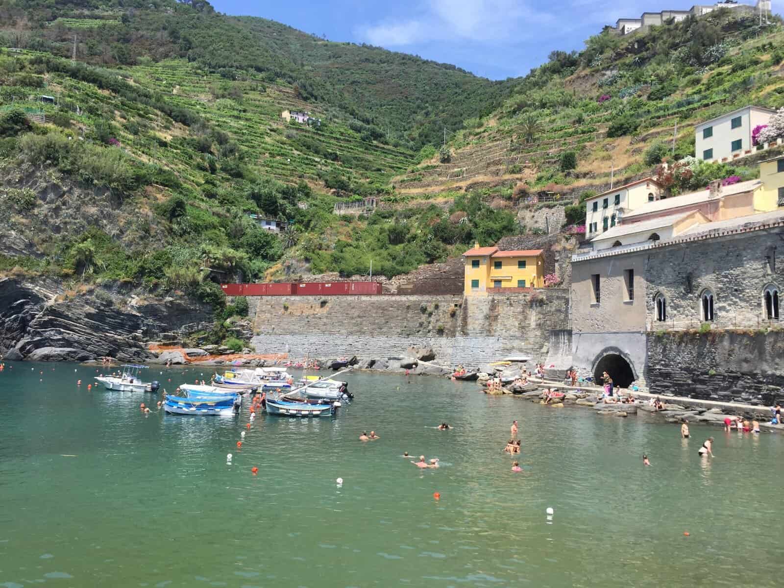 Swimmers enjoying the calm harbor waters in Vernazza Cinque Terre surrounded by terraced hills