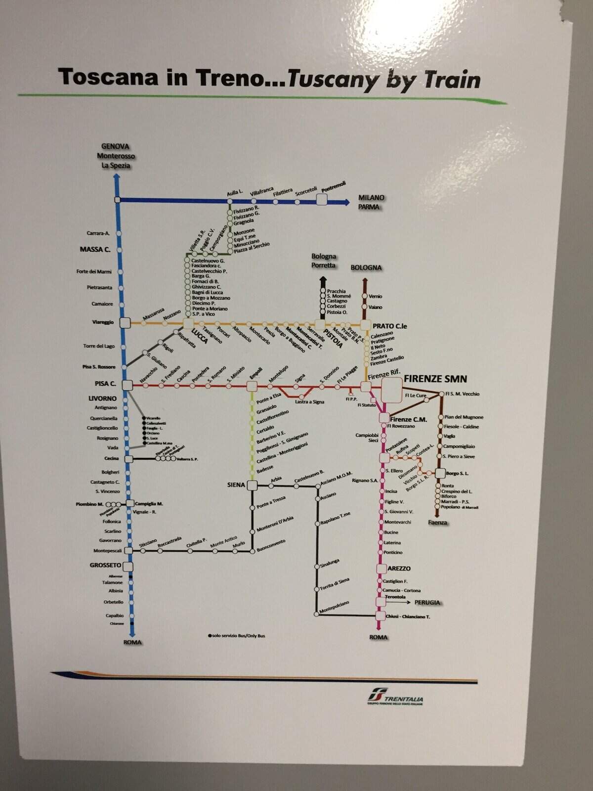 Tuscany by train map showing rail connections between Florence, Pisa, La Spezia, and Cinque Terre