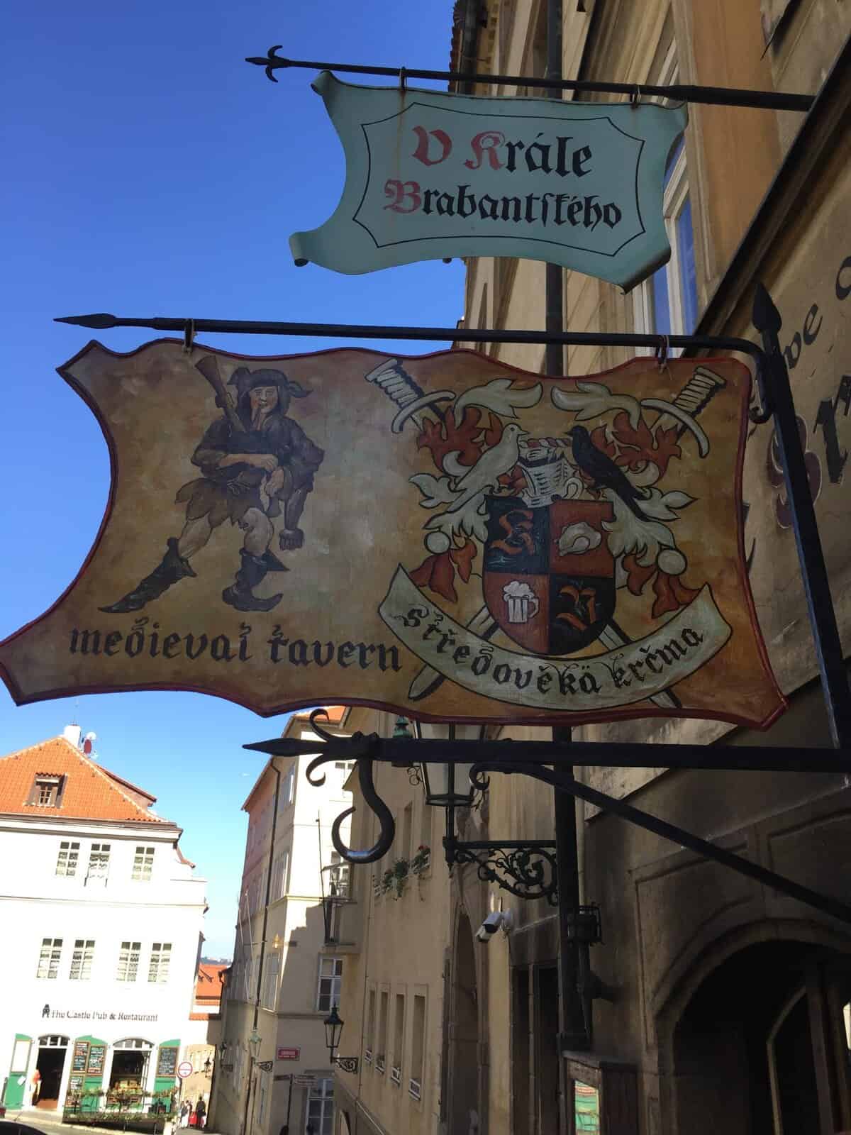 Traditional sign for U Krále Brabantského medieval tavern in Prague.