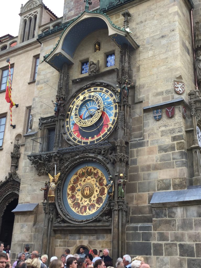 Prague Astronomical Clock on Old Town Hall with crowds watching the famous medieval clock.