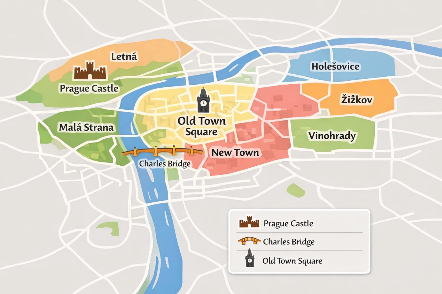 Map of Prague showing Old Town, Malá Strana, New Town, Vinohrady, Letná, Žižkov, and Holešovice neighborhoods around the historic center.