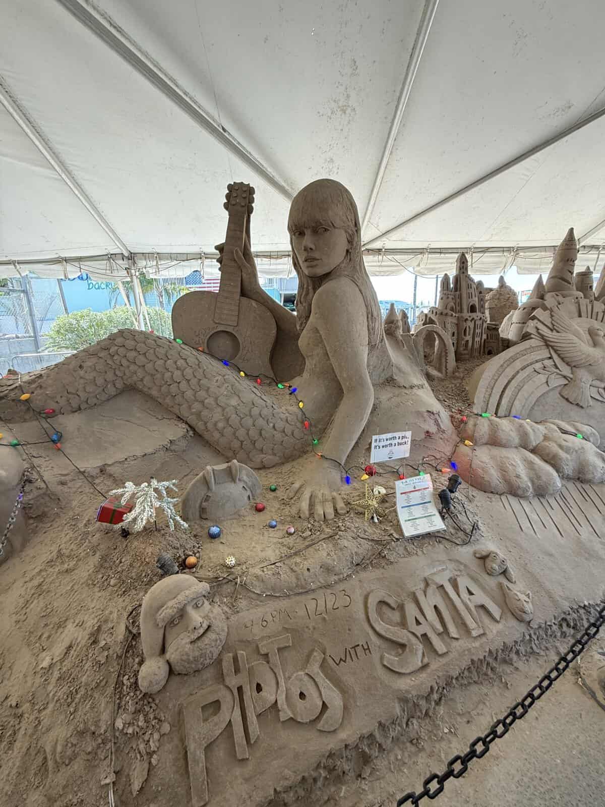 Detailed Taylor Swift sandcastle sculpture display in South Padre Island