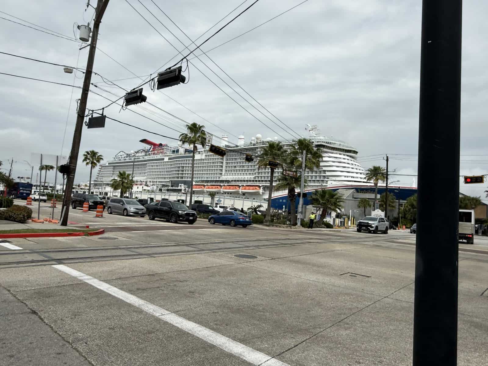 Cruise ship docked in Galveston near the port and downtown area