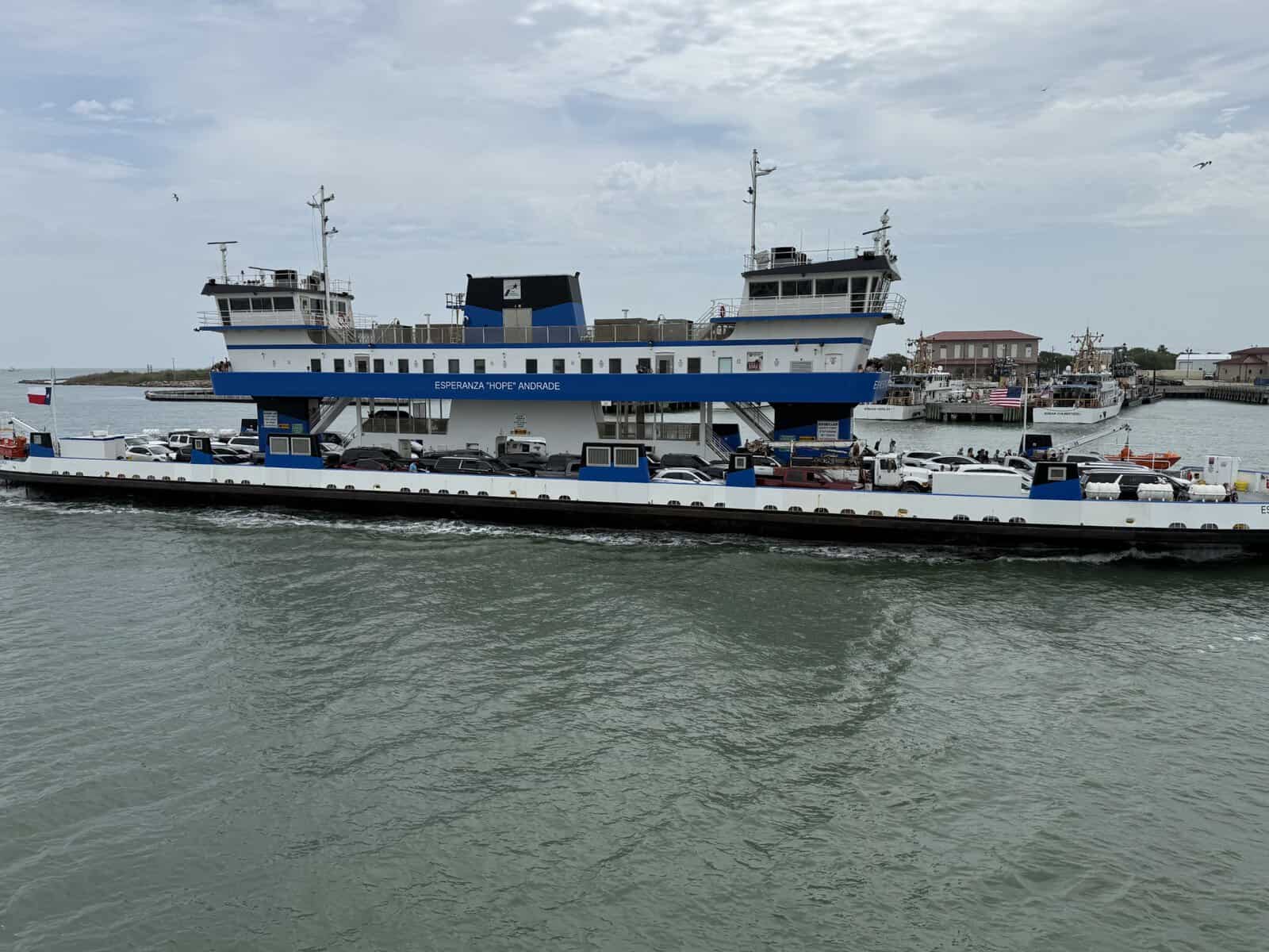 Galveston–Port Bolivar ferry carrying cars across the water