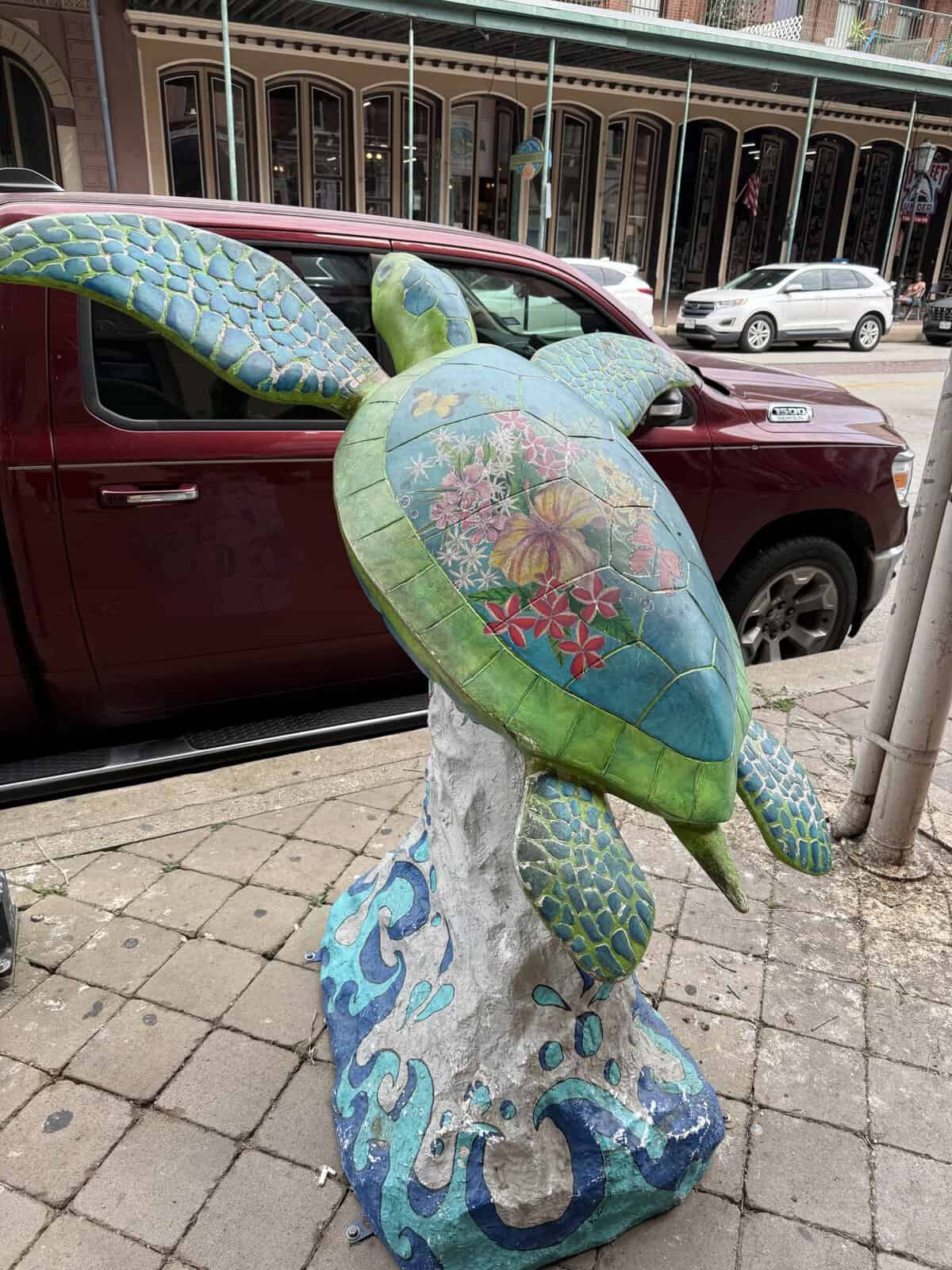Colorful sea turtle sculpture in historic downtown Galveston