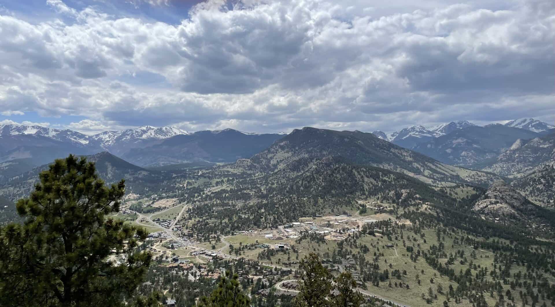 Panoramic view of Estes Park and Rocky Mountain National Park from the Estes Park Aerial Tramway.