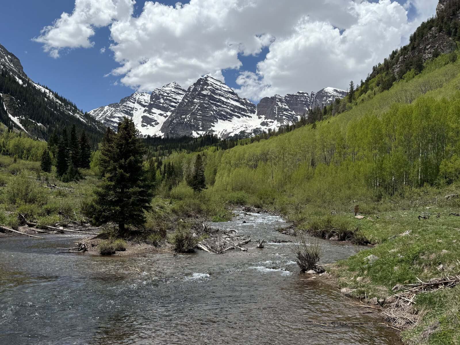 Creek and spring greenery with the Maroon Bells mountains in the background near Aspen