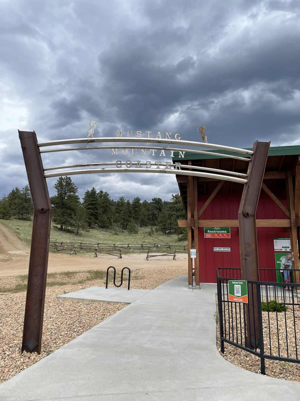 Entrance sign for the Mustang Mountain Coaster in Estes Park, Colorado.