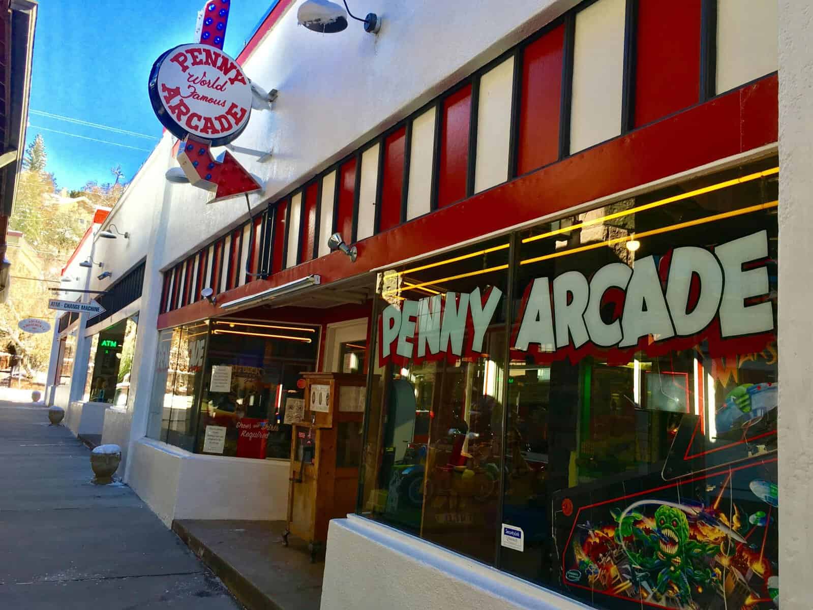 Entrance to the Penny Arcade in Manitou Springs, Colorado, known for its classic arcade games and nostalgic atmosphere.