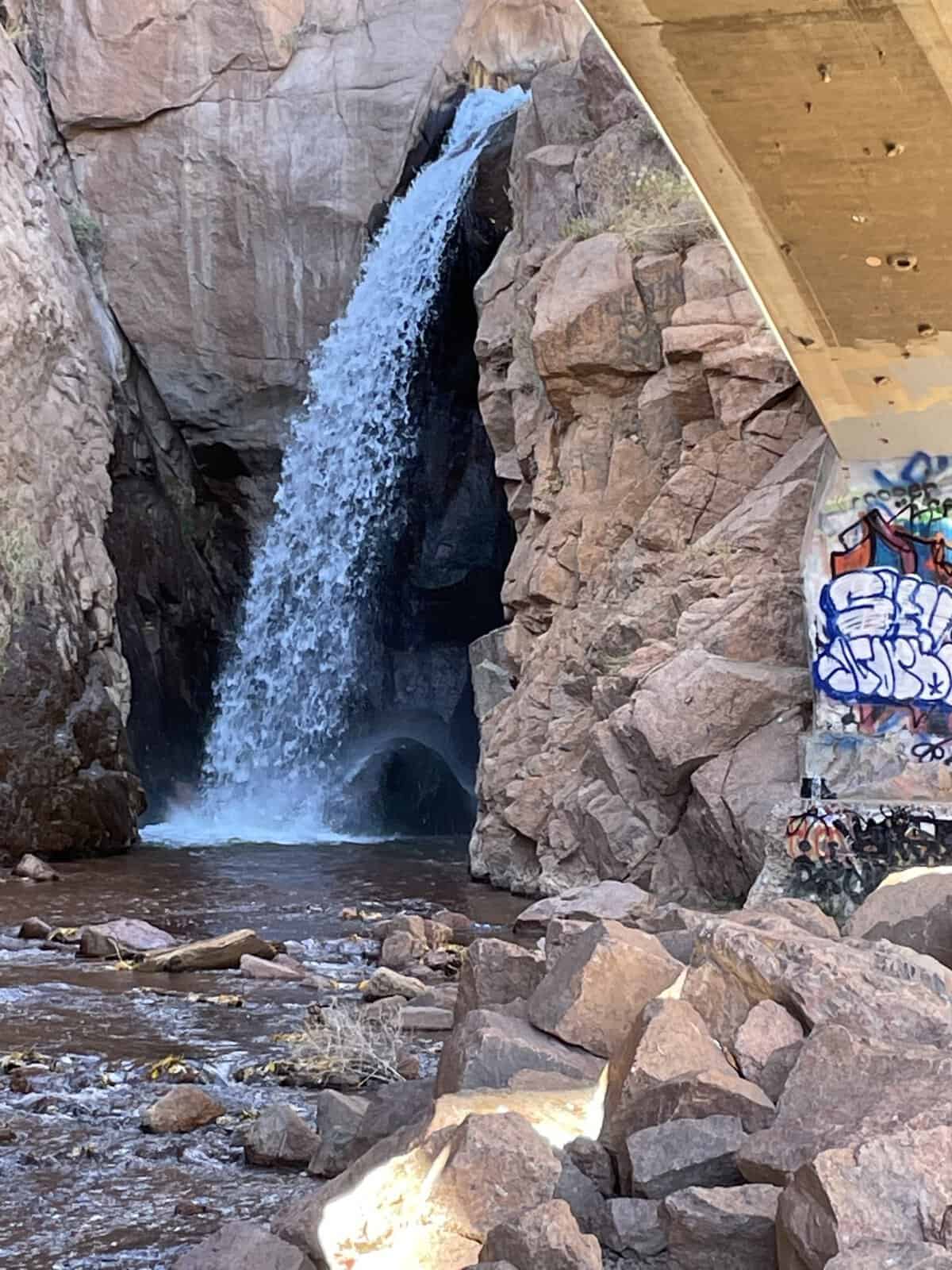 Rainbow Falls waterfall beneath a bridge in Manitou Springs near Colorado Springs.