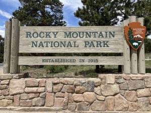 Rocky Mountain National Park entrance sign near Estes Park, Colorado.