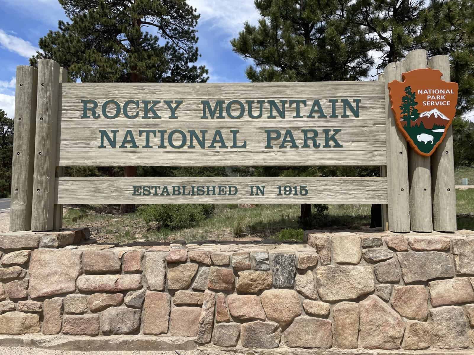Rocky Mountain National Park entrance sign near Estes Park, Colorado.