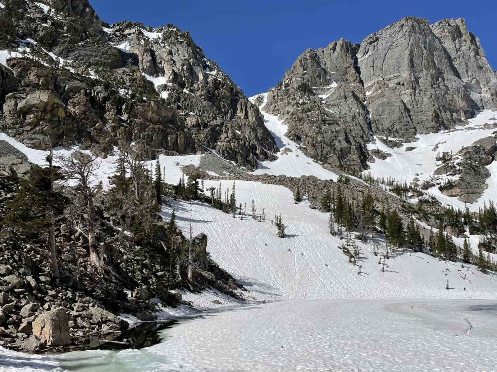 Frozen Emerald Lake surrounded by snow-covered peaks in Rocky Mountain National Park