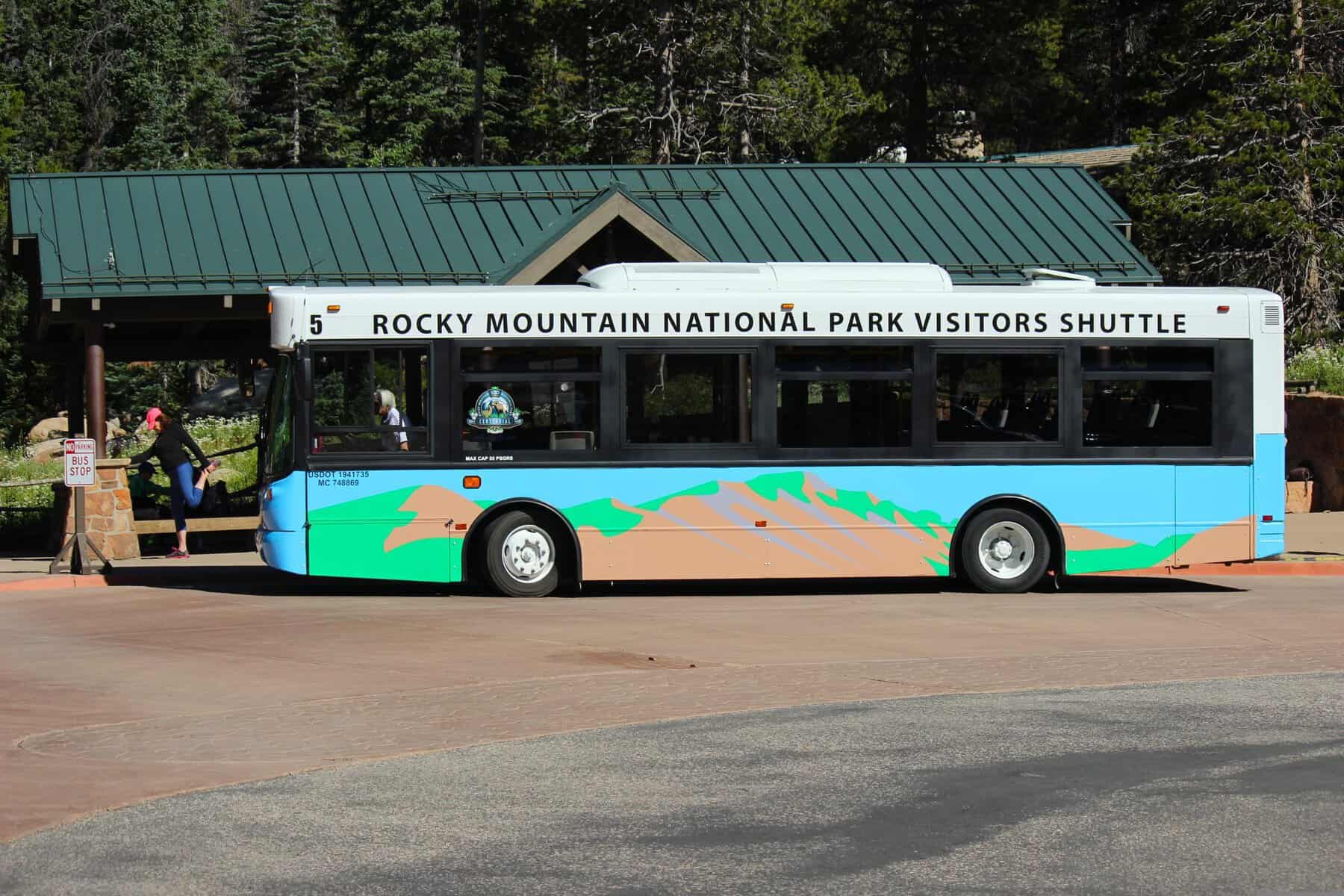 Free Rocky Mountain National Park shuttle at the Bear Lake shuttle stop