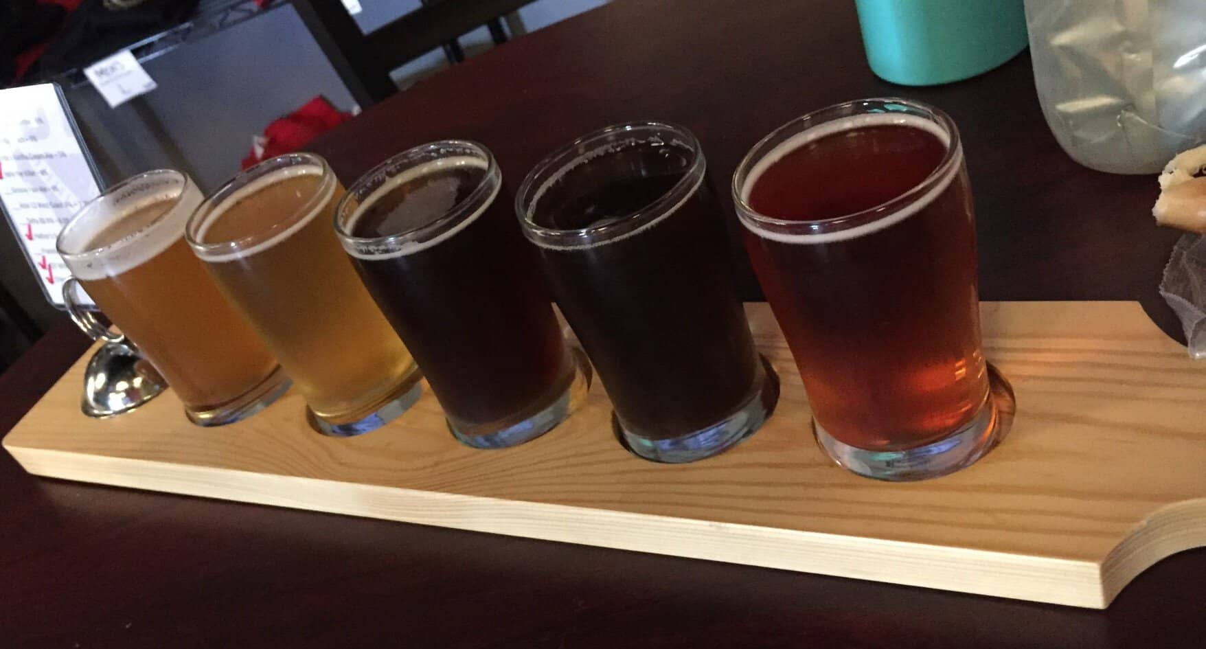 Flight of five craft beers at a Kansas City brewery